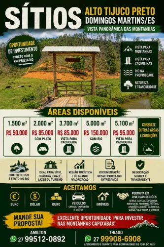 SÍTIOS À VENDA EM ALTO TIJUCO PRETO, DOMINGOS MARTINS/ES, VISTA PANORÂMICA, PARCELO, TROCO
