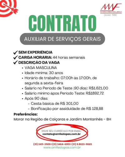 Vagas de Emprego: Auxiliar de Serviços Gerais