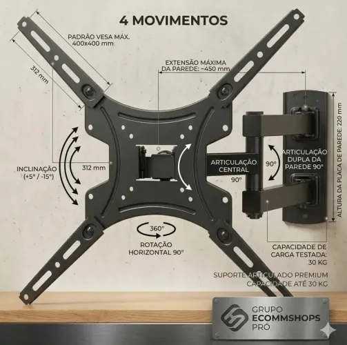 Suporte Articulado Para Tv De 14 A 55 Na Parede Com Inclinação E Giro 360