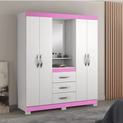 Roupeiro 4 portas NT 5015 Branco/Rosa Até 12x - Frete Grátis