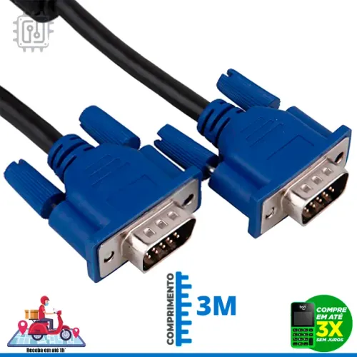 Cabo VGA 3 Metros Macho x Macho Para Monitor Projetor Alta Qualidade Com Filtro