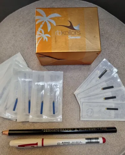 Micropigmentação kit com KB colors, Tebori led, pinça Led, Pele sintética, Lâmina Flex