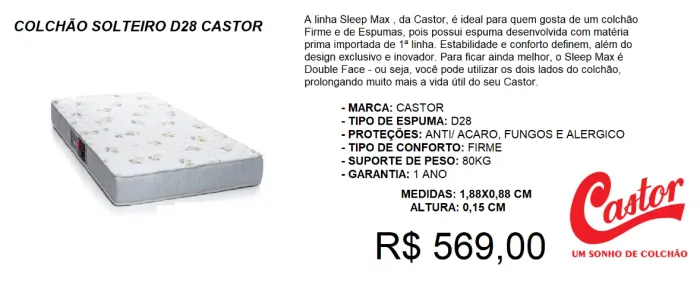 Colchão Castor Solteiro D28 - Entrega GRATIS