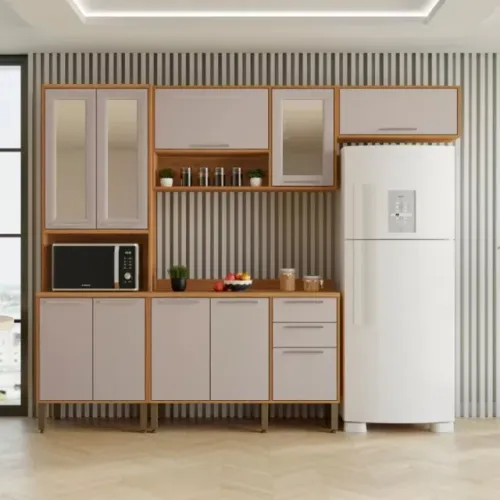 Armario de Cozinha Compacta Paris 4 Peças 10 Portas 2 Gavetas Aereo Geladeira