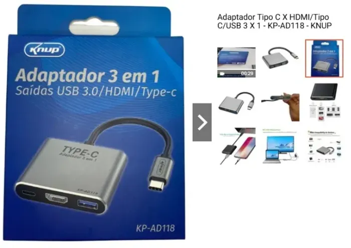 Adaptador Tipo C X HDMI/Tipo C/USB 3 X 1 - KP-AD118 - KNUP