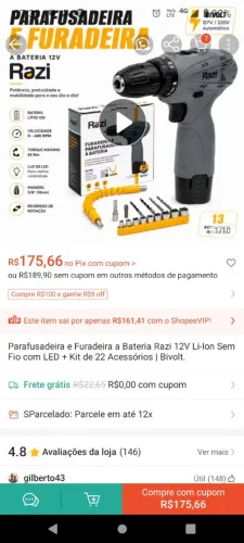 Vendo furadeira e parafusadeira Razi com reversão 12v lacrada