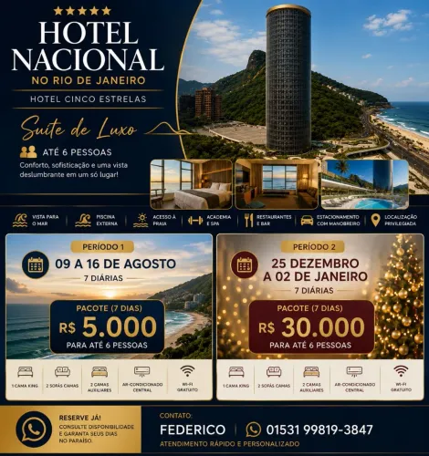 Hotel Nacional Rio | Suíte Luxo 5? | 7 Diárias | Até 6 Pessoas