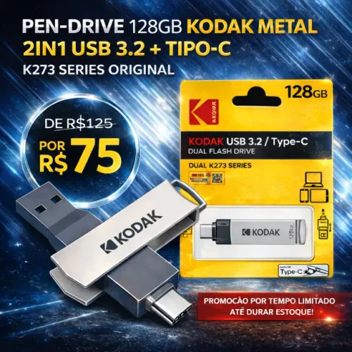 Pen Drive 128GB Kodak Metal 2 em 1 USB 3.2 + Tipo-C - K273 Series Original