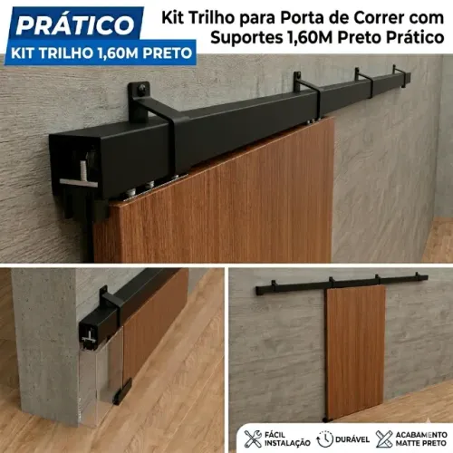 Kit Trilho para Porta de Correr com Suportes 1,60M Preto Prático