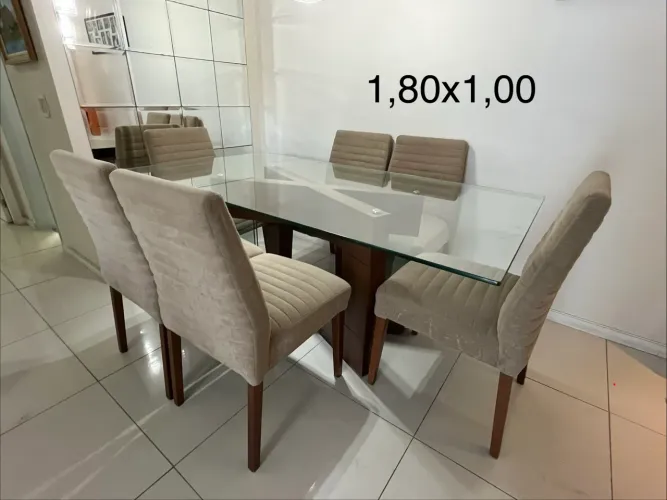 MESA JANTAR MADEIRA MACIÇA/VIDRO 6 CADEIRAS ESTOFADAS