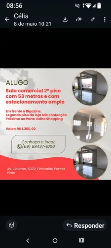 Alugo.sala comercial no segundo piso da loja Mix confeccao em frente a Bigazine na calama 