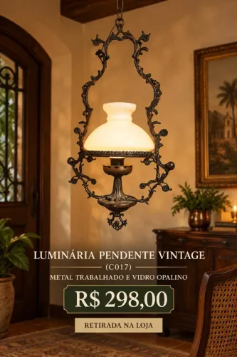 LUMINÁRIA PENDENTE VINTAGE EM METAL E VIDRO OPALINO