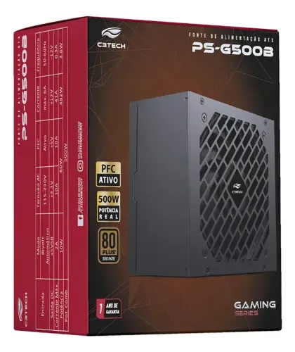 Fonte Gamer Atx 500w Ps-g500b 80plus Bronze C3tech Novo Lacrado
