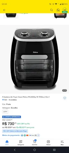 Fritadeira Air Fryer Oven Philco Pfr2000p 11l 1700w 2 Em 1