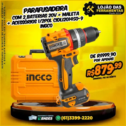 Parafusadeira Profissional Com 2 Baterias 20v 1/2Pol CIDLI201450-9 Ingco