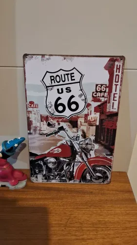 Quadro Placa de Metal Route 66 Hotel 66 Cafe - 30 x 20 cm