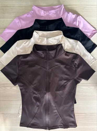 Blusa de poliamida feminina de manga zíper academia gym rosa bege preta marrom 