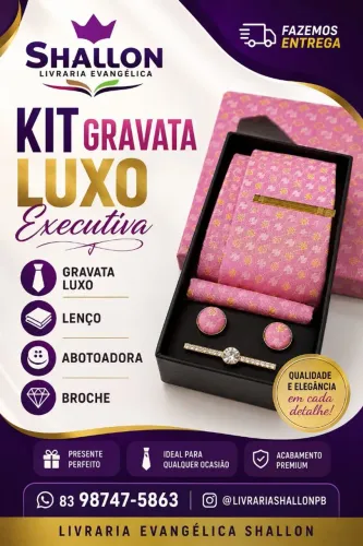 Kit Gravata + Lenço + Abotuadora Luxo + Broche