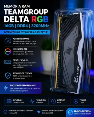 Memória RGB Gamer 16GB DDR4 3200MHz (Team Group T-Force Delta)