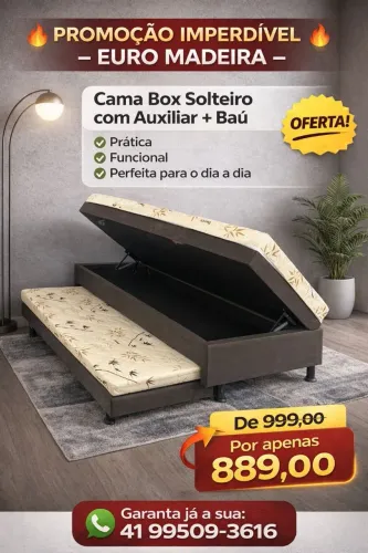 Cama box solteiro molas baú com auxiliar - Novo