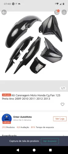 carenagem Honda cg fan 125 preta