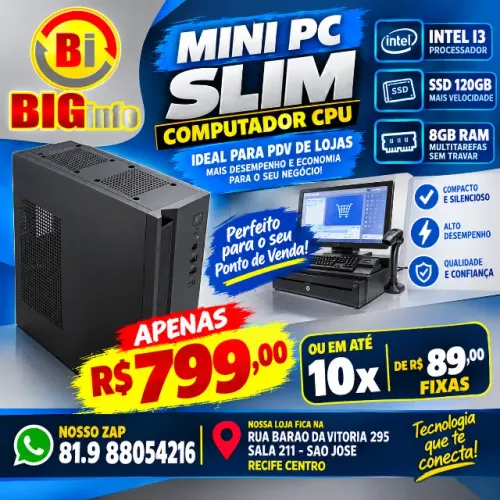 Computador CPU Slim Intel I3 3° 8GB 3dr4 Ssd 120gb + wifi Ideal para Caixa Em ate 10x