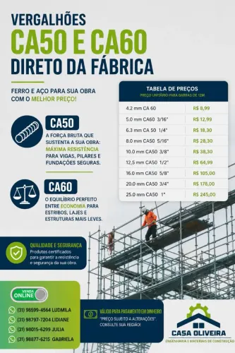 Vergalhões CA50 e CA60 direito da fábrica 