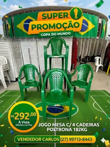 Conjunto Mesa Plástico 70x70 com 4 Cadeira Poltrona 182kg