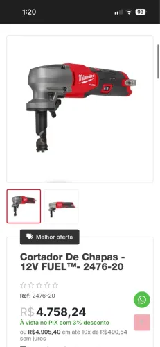 Milwaukee Cortador De Chapas - 12V Fuel 2476-20 (veio dos eua)