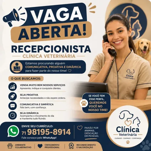VAGA RECEPCIONISTA CLÍNICA VETERINÁRIA.