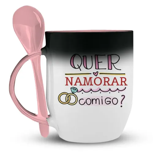 Caneca Mágica c/ Colher Namorados Rosa Personalizada