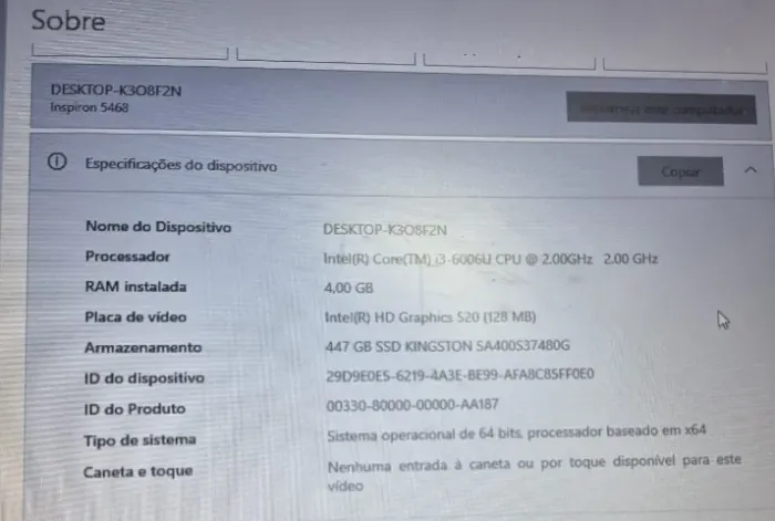 Vendo Notebook Dell Inspiron I3