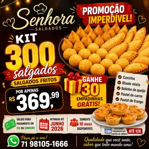 300 salgados fritos + 30 empadinhas grátis