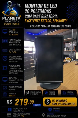 Monitor LED de 20 polegadas com base giratória " semi novo " ( com garantia )