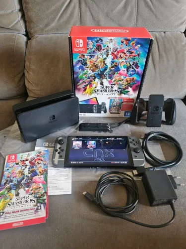 NINTENDO SWITCH OLED SMASH BROS IMPECÁVEL DESBLOQUEADO SD 256 GB