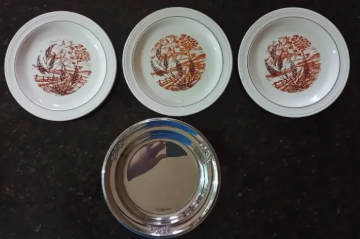 Pratos de sobremesa e travessa de inox nobre