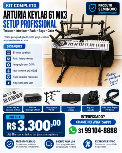 Teclado Controlador Arturia KeyLab 61 MK3 + Interface Behringer UMC22 + Suporte Titanium V