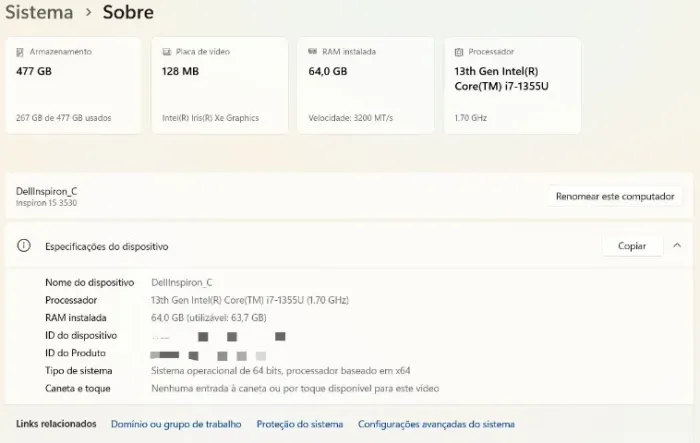 Notebook Dell Inspiron 15 - i7 13a geração - 64GB RAM / SSD 500GB / Pl video Inter Iris Xe