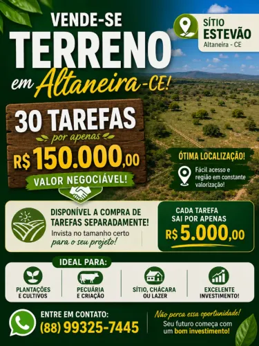 Vende-se terreno com 30 tarefas no Sítio Estevão, em Altaneira-CE