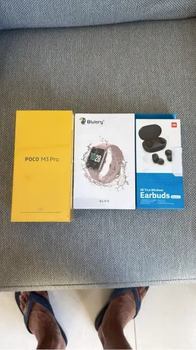 Celular Poco M3 Pro, fones Earbuds Basic 2 e Smartwatch Blulory Glifo