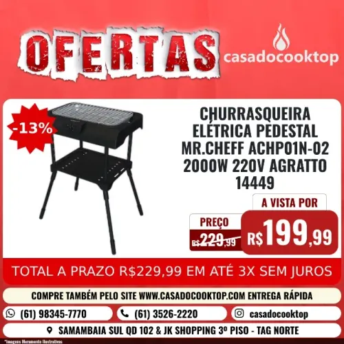 Churrasqueira Elétrica Pedestal Mr.cheff Achp01n-02 2000w 220v Agratto