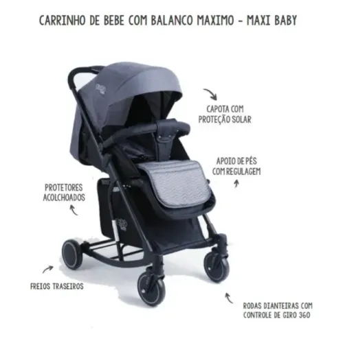 Carrinho De Bebê Passeio Vira Balanço Maximo Preto Maxi Baby