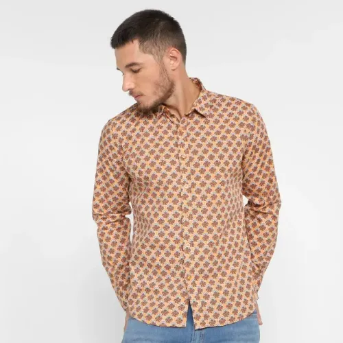 Camisa Manga Longa Pacific Blue Estampada Masculina - Laranja (tamanho M)