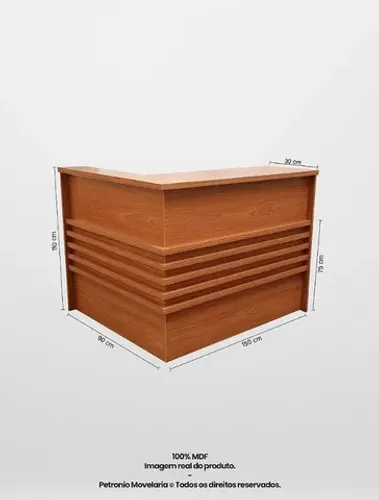 balcão de recepção em L ripado amadeirado
