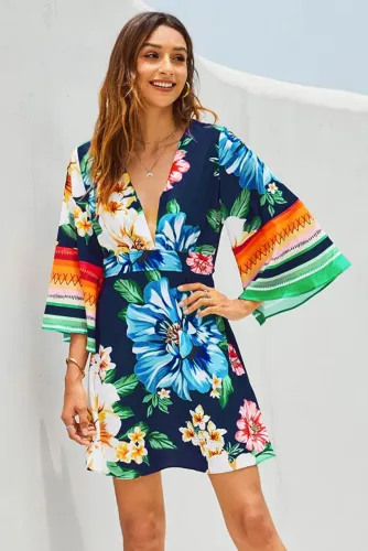 Vestido azul floral NOVO mangas sino