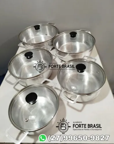 Jogo de 5 Panelas em Alumínio batido puro - com tampa de vidro 