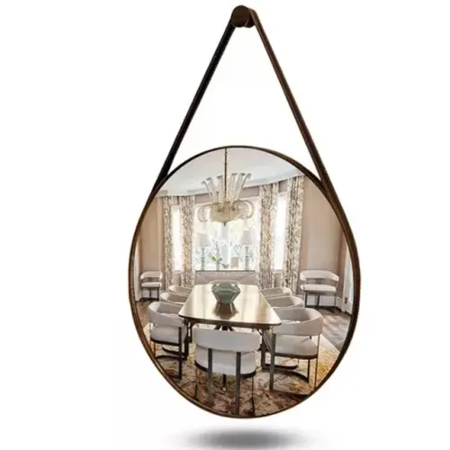 Espelho Redondo Decorativo Couro Café 60cm + Suporte
