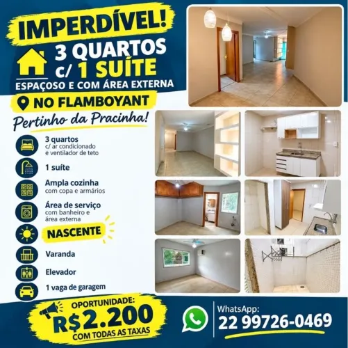IMPERDÍVEL NO FLAMBOYANT! 3 QUARTOS C/ ÁREA EXTERNA<br>Pertinho da Pracinha!
