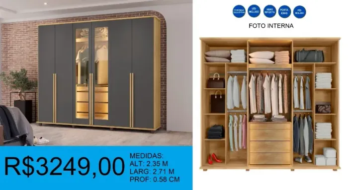 Roupeiro com vidro reflecta + led incluso - frete grátis e parcelamos até 12X sem juros