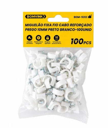  Miguelão Fixa Fio Cabo Reforçado Prego 10mm Branco 100 peças